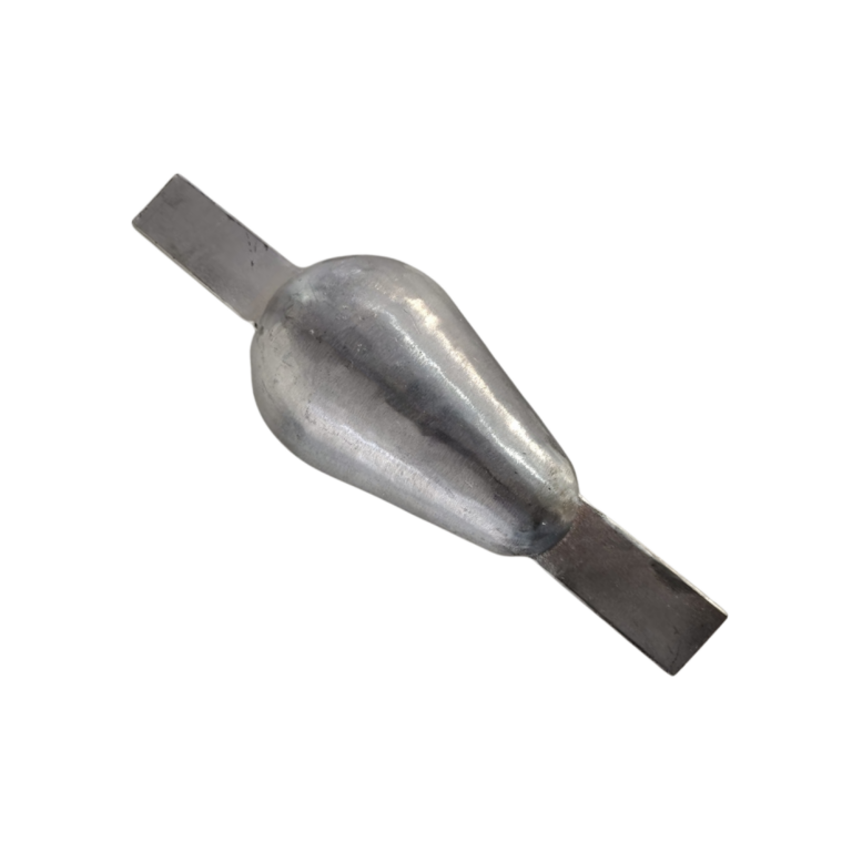 Oval zinc anode with two mounting holes, ideal for preventing corrosion on boats and underwater structures